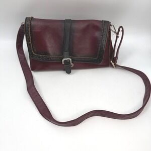 Patricia Nash Burgundy Leather Crossbody Bag Brogue Detail